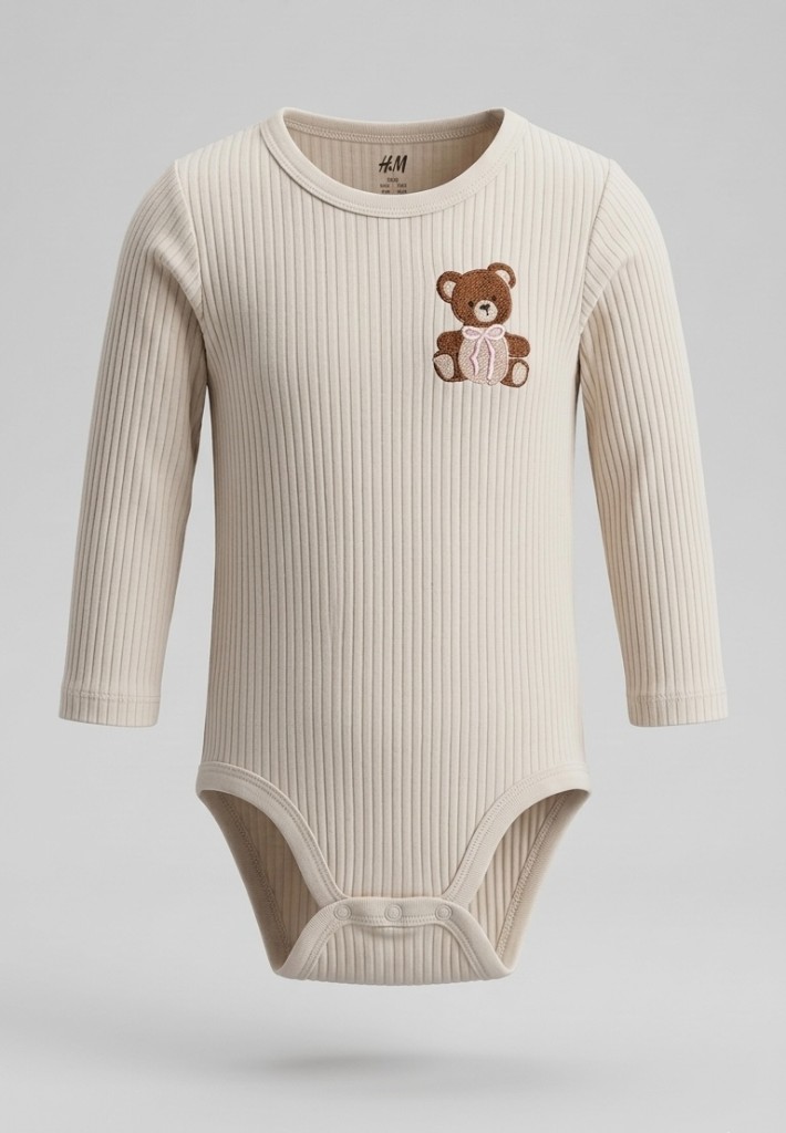 Cremefarbener Baby Body mit gesticktem Teddybär