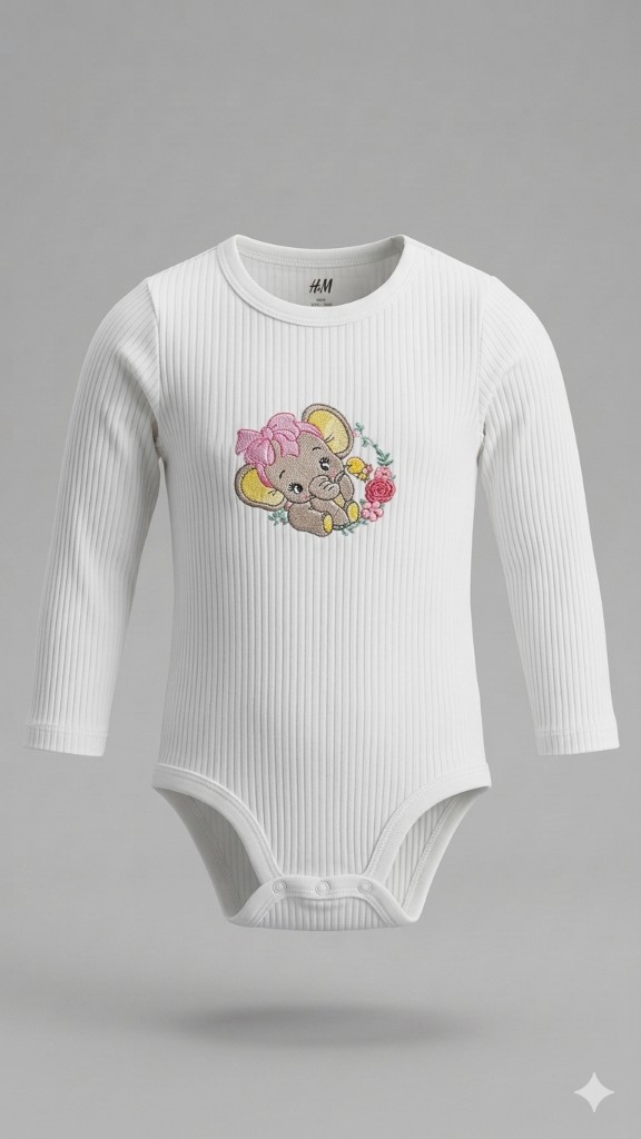 Weißer Baby Body mit gesticktem Elefanten-Motiv mit Blumen