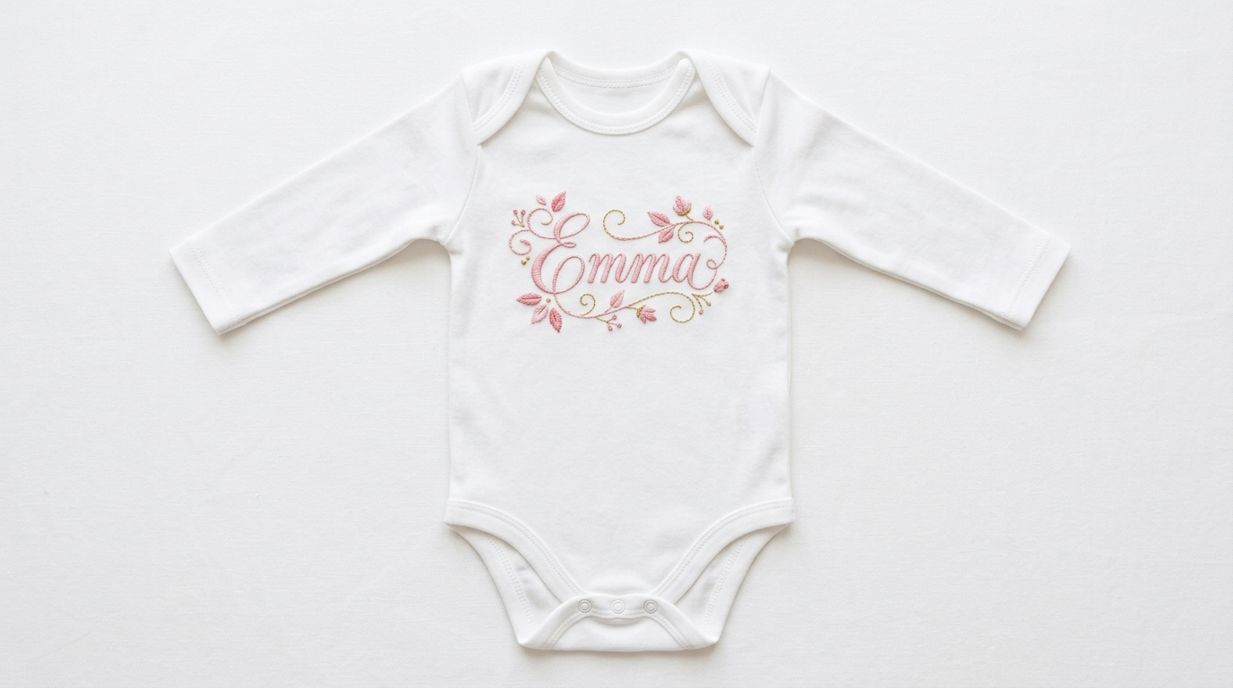 Weißer Baby Body mit gesticktem Namen Emma