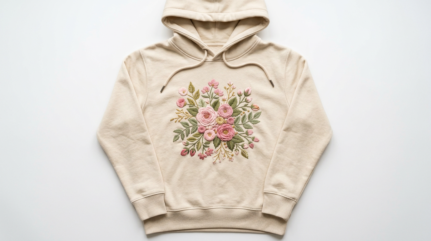 Beiger Hoodie mit gesticktem Blumenmotiv