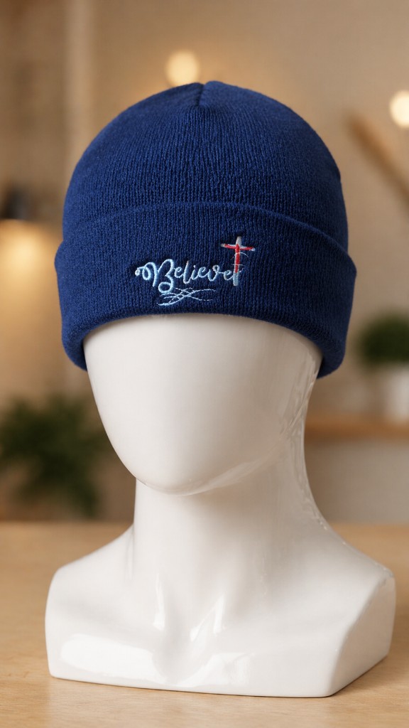 Dunkelblaue Strickmütze mit gesticktem Believer Schriftzug und Kreuz