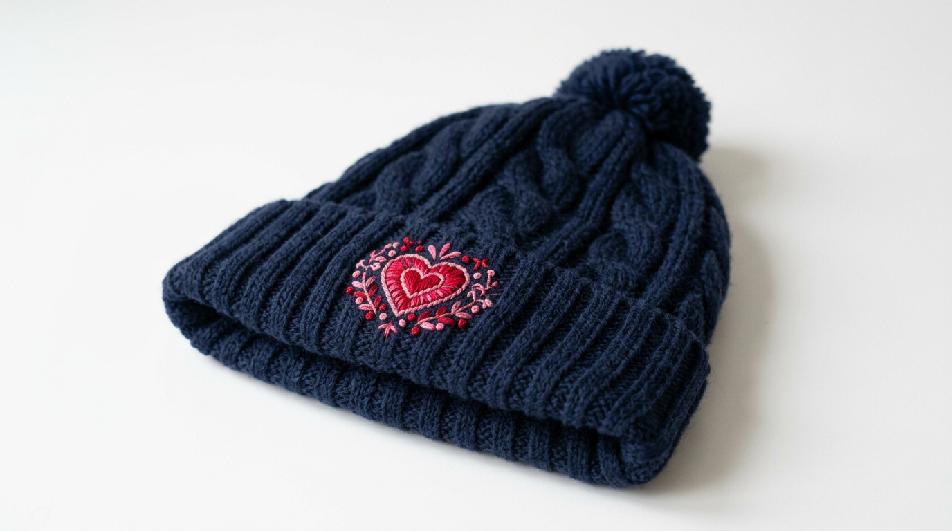 Dunkelblaue Strickmütze mit gesticktem Herzmotiv
