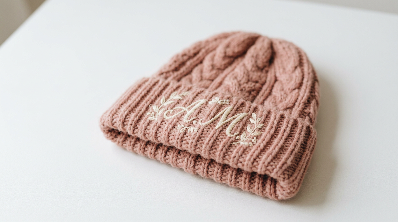 Rosa Strickmütze mit gestickten Initialen