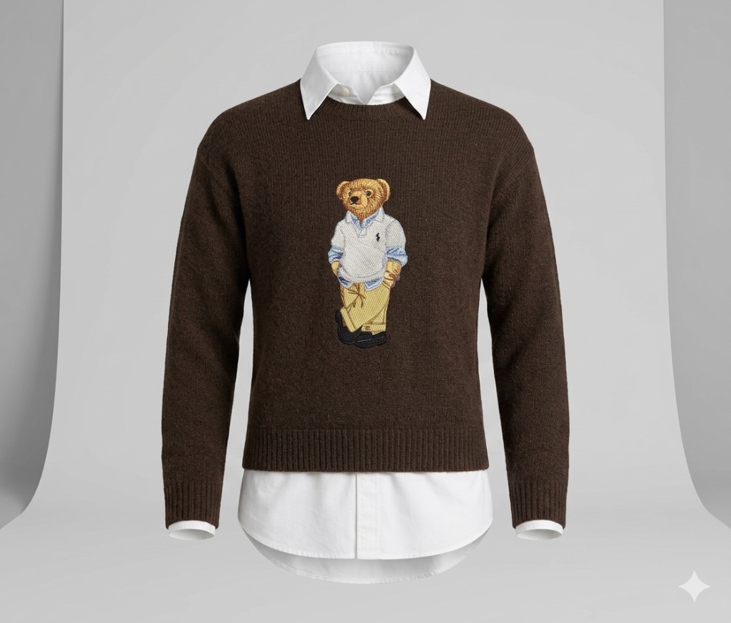Brauner Pullover mit gesticktem Polo Bär Motiv