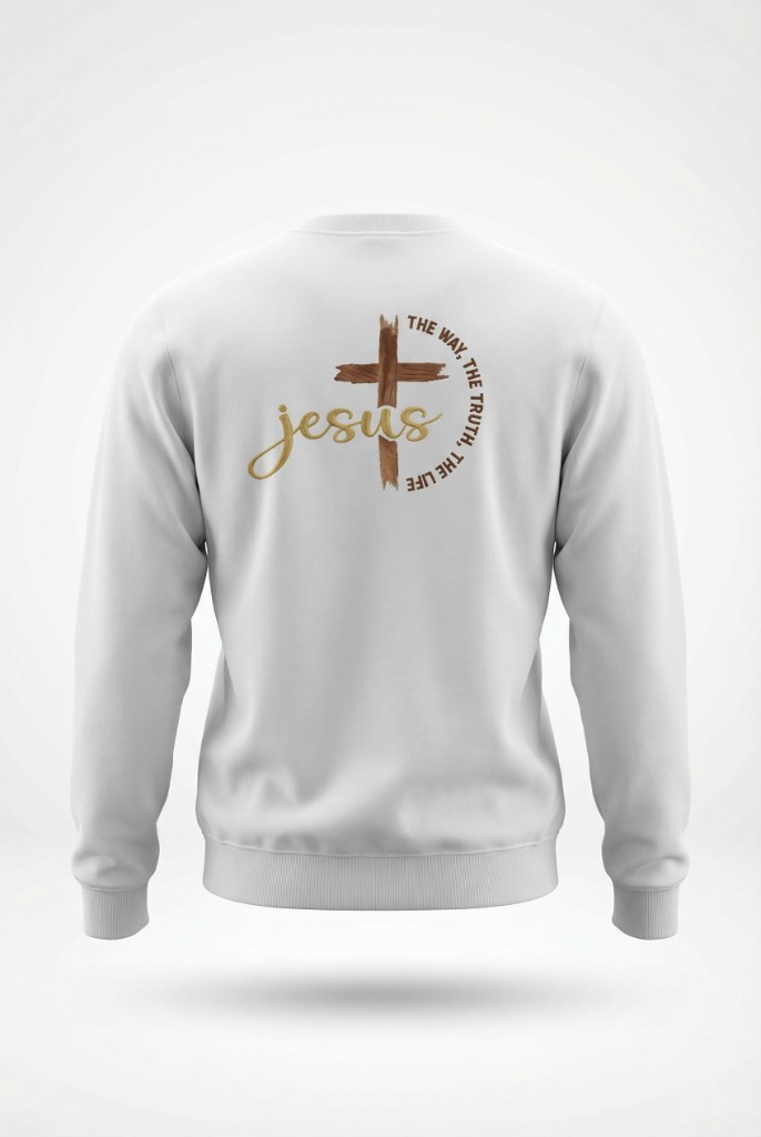 Weißes Sweatshirt mit Jesus Stickerei und Schriftzug The Way, The Truth, The Life