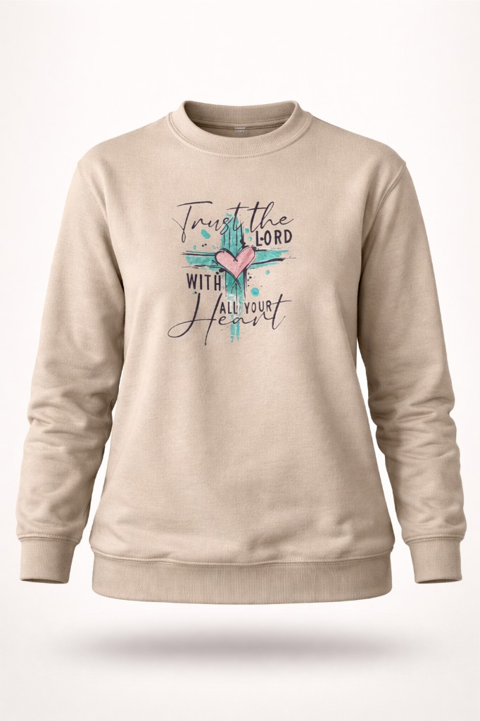 Sandfarbendes Sweatshirt mit Kreuz-Stickerei und Schriftzug Trust the Lord with all your Heart
