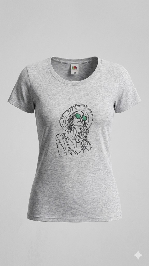 Graues T-Shirt mit gesticktem Frauen-Porträt als Lineart