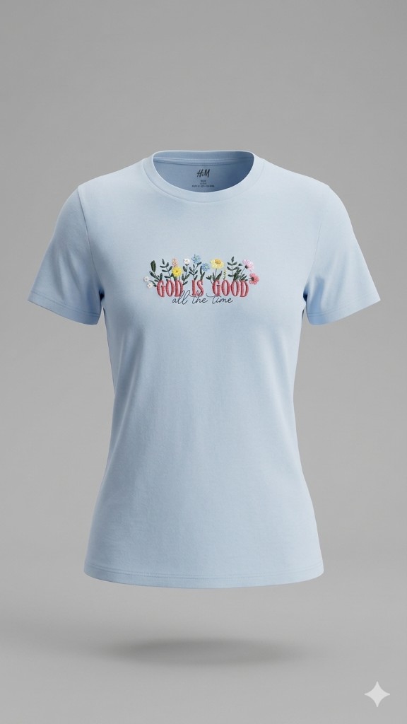 Hellblaues T-Shirt mit Blumen-Stickerei und Schriftzug God is Good all the time