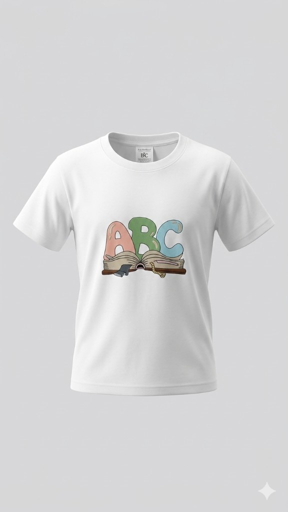 Weißes Kinder T-Shirt mit gesticktem ABC-Buch Motiv